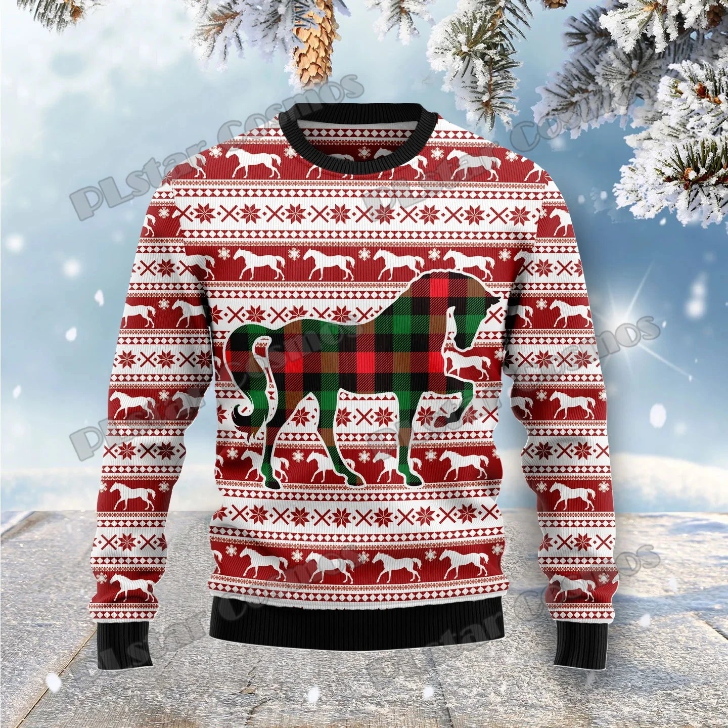 PLstar Cosmos Horse Christmas Tree 3D Printed Men's Ugly Christmas Sweater Winter Unisex Casual Warm Knitwear Pullover MY29