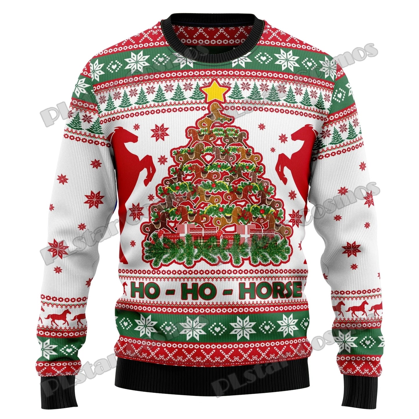 PLstar Cosmos Horse Christmas Tree 3D Printed Men's Ugly Christmas Sweater Winter Unisex Casual Warm Knitwear Pullover MY29