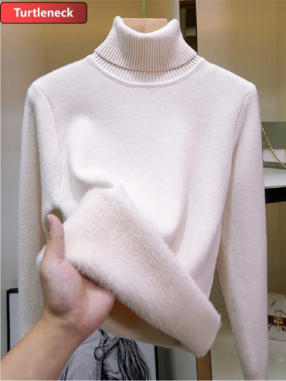 Half Turtleneck Sweater Winter Slim Thicken Knitwear Jumper Woman Soft Knit Pullovers Casual Plush Fleece Lined Warm Malhas Tops