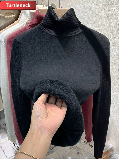 Half Turtleneck Sweater Winter Slim Thicken Knitwear Jumper Woman Soft Knit Pullovers Casual Plush Fleece Lined Warm Malhas Tops