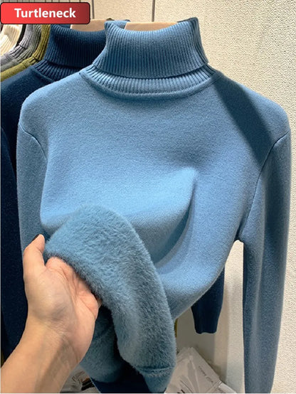 Half Turtleneck Sweater Winter Slim Thicken Knitwear Jumper Woman Soft Knit Pullovers Casual Plush Fleece Lined Warm Malhas Tops