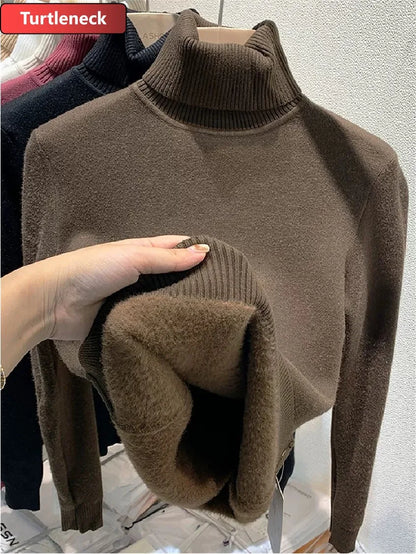 Half Turtleneck Sweater Winter Slim Thicken Knitwear Jumper Woman Soft Knit Pullovers Casual Plush Fleece Lined Warm Malhas Tops