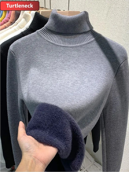 Half Turtleneck Sweater Winter Slim Thicken Knitwear Jumper Woman Soft Knit Pullovers Casual Plush Fleece Lined Warm Malhas Tops