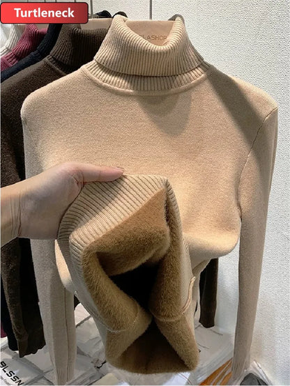 Half Turtleneck Sweater Winter Slim Thicken Knitwear Jumper Woman Soft Knit Pullovers Casual Plush Fleece Lined Warm Malhas Tops