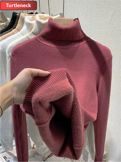 Half Turtleneck Sweater Winter Slim Thicken Knitwear Jumper Woman Soft Knit Pullovers Casual Plush Fleece Lined Warm Malhas Tops