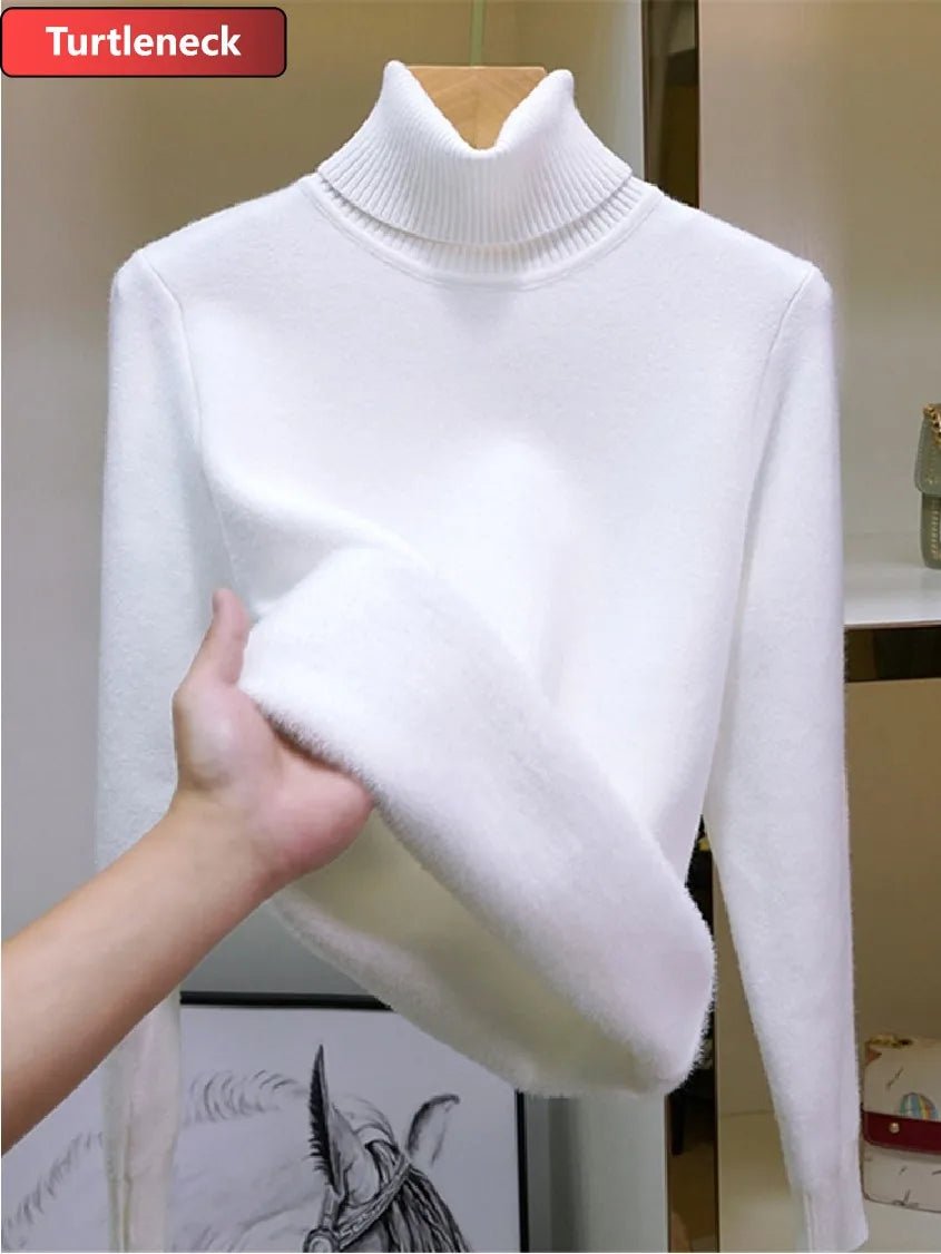 Half Turtleneck Sweater Winter Slim Thicken Knitwear Jumper Woman Soft Knit Pullovers Casual Plush Fleece Lined Warm Malhas Tops