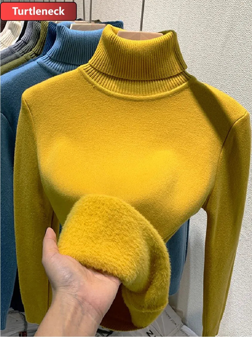 Half Turtleneck Sweater Winter Slim Thicken Knitwear Jumper Woman Soft Knit Pullovers Casual Plush Fleece Lined Warm Malhas Tops