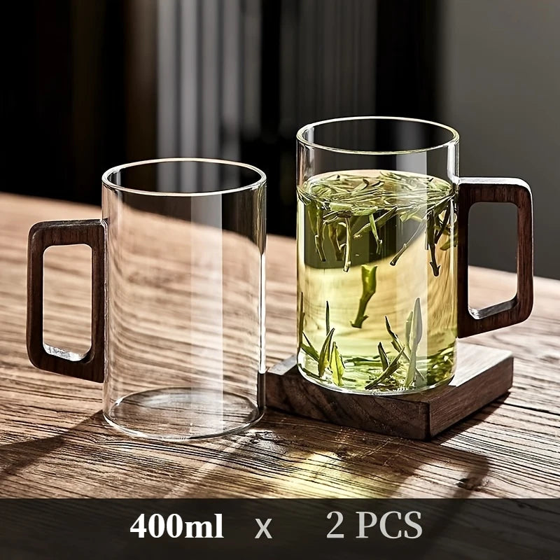 2pcs 400ml Glass Cups with Walnut Handle Household Heat-resistant Mug Large Capacity Tea Making Cup Office Drinking Glasses