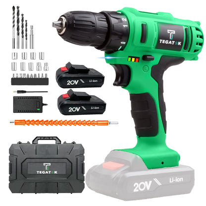 Tegatok 20V Cordless Power Drill,Position Drill with 18+1 , 2AH Li-ion Battery&Fast Charger.