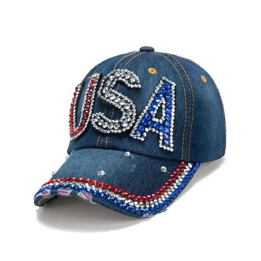 Adjustable Size 4th July Dad Hat USA American Flag Patriotic Baseball Cap Denim Distressed Rhinestone Bling Sparkle Hip Hop Hat