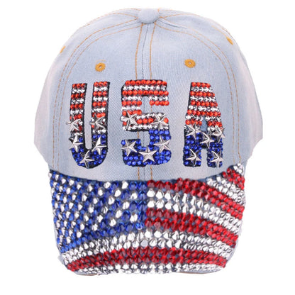 Adjustable Size 4th July Dad Hat USA American Flag Patriotic Baseball Cap Denim Distressed Rhinestone Bling Sparkle Hip Hop Hat