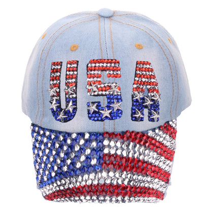 Adjustable Size 4th July Dad Hat USA American Flag Patriotic Baseball Cap Denim Distressed Rhinestone Bling Sparkle Hip Hop Hat