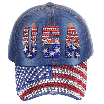 Adjustable Size 4th July Dad Hat USA American Flag Patriotic Baseball Cap Denim Distressed Rhinestone Bling Sparkle Hip Hop Hat