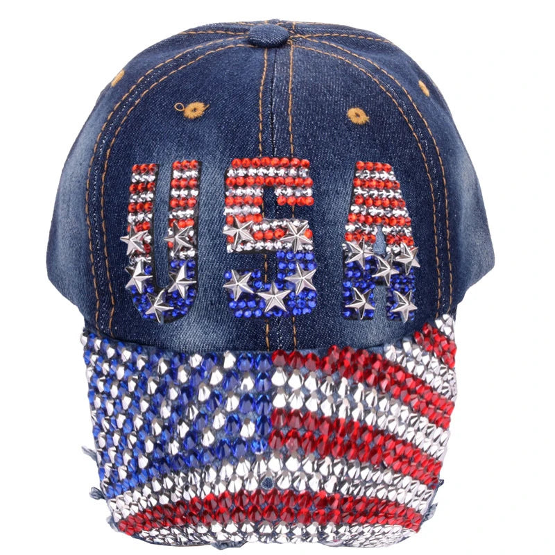 Adjustable Size 4th July Dad Hat USA American Flag Patriotic Baseball Cap Denim Distressed Rhinestone Bling Sparkle Hip Hop Hat