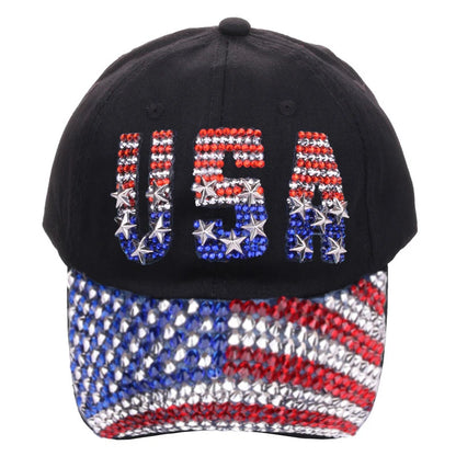 Adjustable Size 4th July Dad Hat USA American Flag Patriotic Baseball Cap Denim Distressed Rhinestone Bling Sparkle Hip Hop Hat