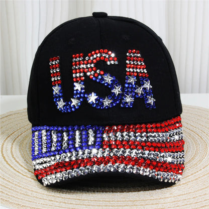 Adjustable Size 4th July Dad Hat USA American Flag Patriotic Baseball Cap Denim Distressed Rhinestone Bling Sparkle Hip Hop Hat