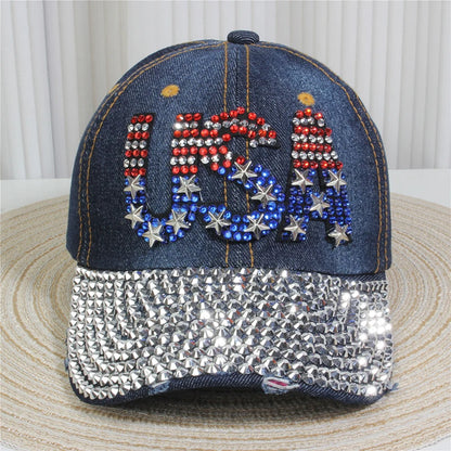 Adjustable Size 4th July Dad Hat USA American Flag Patriotic Baseball Cap Denim Distressed Rhinestone Bling Sparkle Hip Hop Hat