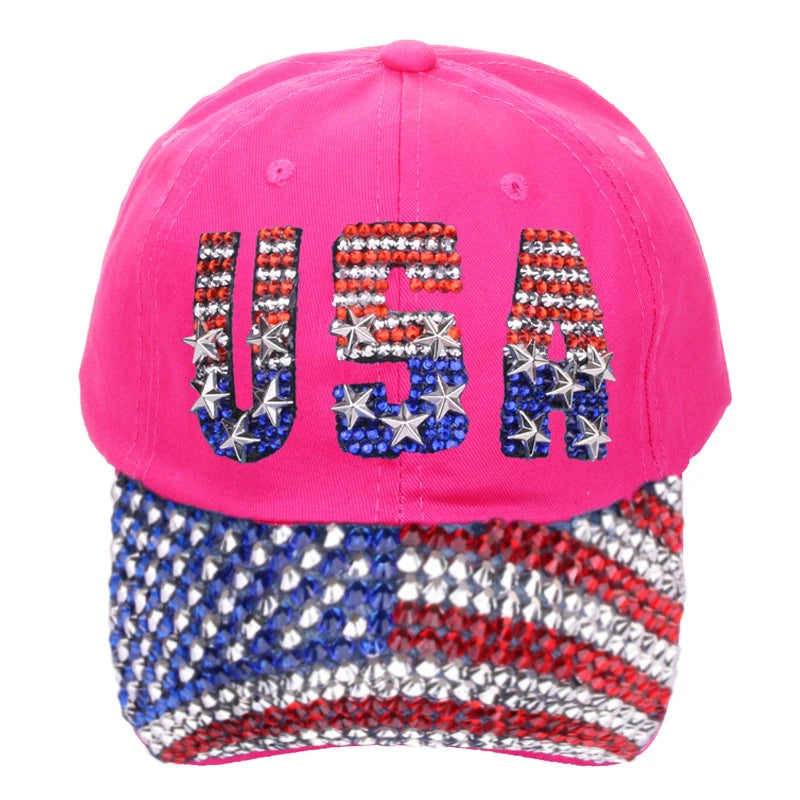 Adjustable Size 4th July Dad Hat USA American Flag Patriotic Baseball Cap Denim Distressed Rhinestone Bling Sparkle Hip Hop Hat