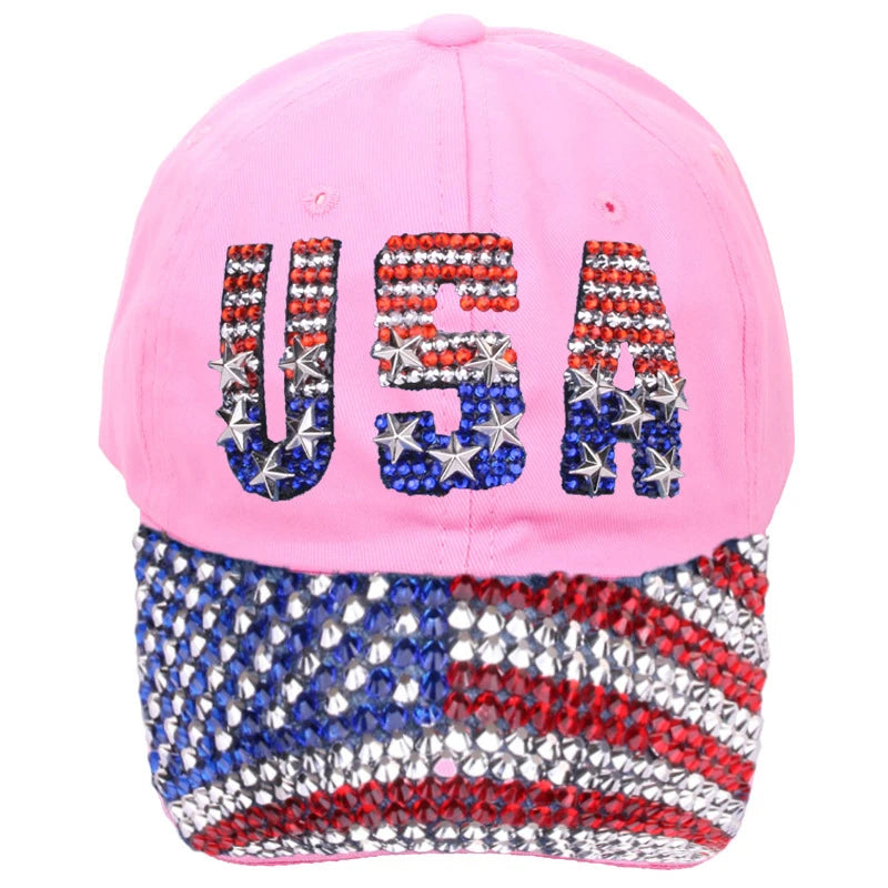 Adjustable Size 4th July Dad Hat USA American Flag Patriotic Baseball Cap Denim Distressed Rhinestone Bling Sparkle Hip Hop Hat