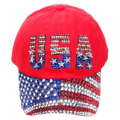 Adjustable Size 4th July Dad Hat USA American Flag Patriotic Baseball Cap Denim Distressed Rhinestone Bling Sparkle Hip Hop Hat