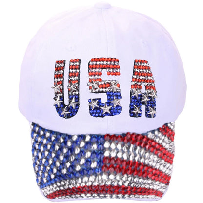 Adjustable Size 4th July Dad Hat USA American Flag Patriotic Baseball Cap Denim Distressed Rhinestone Bling Sparkle Hip Hop Hat