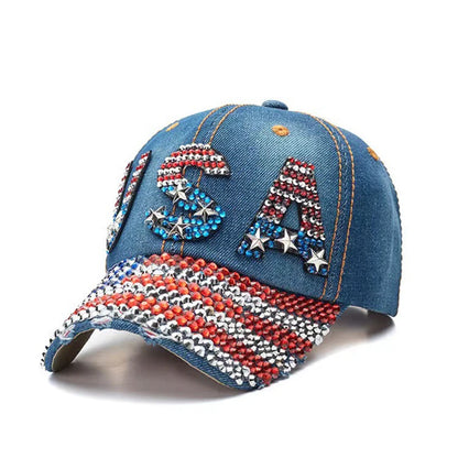 Adjustable Size 4th July Dad Hat USA American Flag Patriotic Baseball Cap Denim Distressed Rhinestone Bling Sparkle Hip Hop Hat