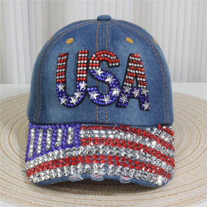 Adjustable Size 4th July Dad Hat USA American Flag Patriotic Baseball Cap Denim Distressed Rhinestone Bling Sparkle Hip Hop Hat