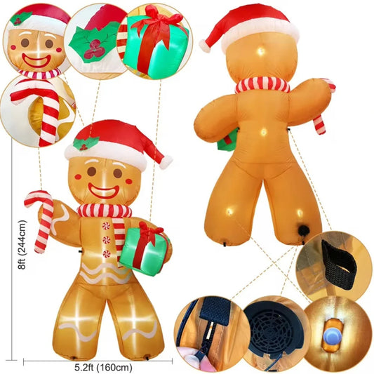 8FT/2.4M Christmas Inflatables Gingerbread Man with Gift Pack Outdoor Decorations Xmas Yard Decorations with LED Lights for Lawn