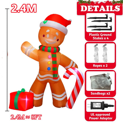 2.4M/8FT Halloween Inflatable Gingerbread Man Take cane Model Built-in LED Lights Model Outdoor Ornament Party Garden Decor Prop