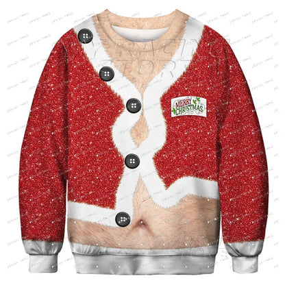 Christmas Funny New Year Ugly Man Pullover Xmas With Chest 3D Print Autumn Warm Streetwear Sweatshirts Clothes For Men Clothing