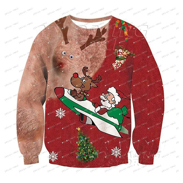 Christmas Funny New Year Ugly Man Pullover Xmas With Chest 3D Print Autumn Warm Streetwear Sweatshirts Clothes For Men Clothing