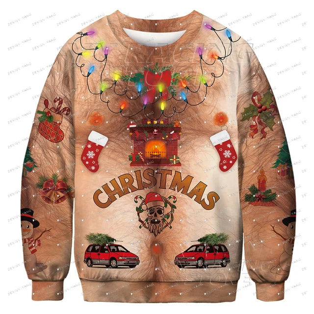 Christmas Funny New Year Ugly Man Pullover Xmas With Chest 3D Print Autumn Warm Streetwear Sweatshirts Clothes For Men Clothing