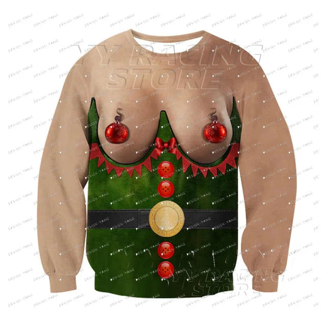 Christmas Funny New Year Ugly Man Pullover Xmas With Chest 3D Print Autumn Warm Streetwear Sweatshirts Clothes For Men Clothing