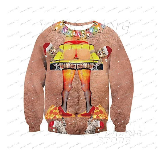 Christmas Funny New Year Ugly Man Pullover Xmas With Chest 3D Print Autumn Warm Streetwear Sweatshirts Clothes For Men Clothing