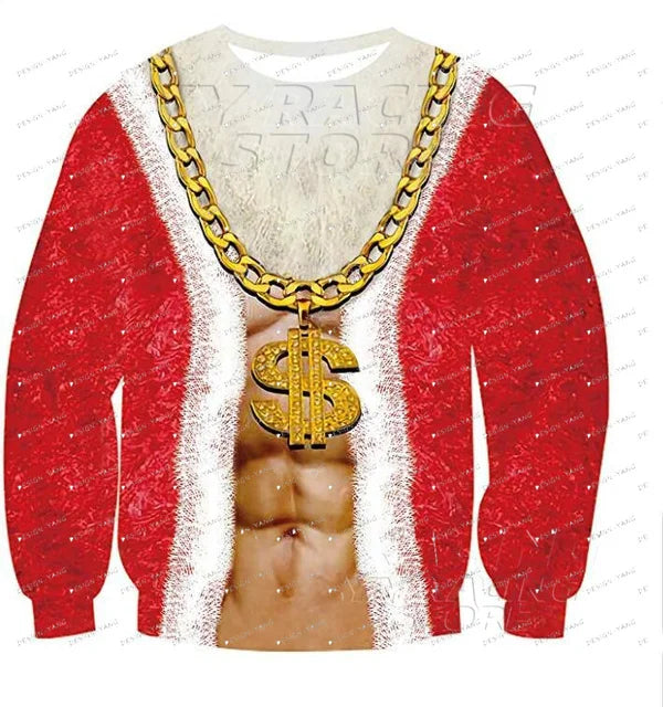 Christmas Funny New Year Ugly Man Pullover Xmas With Chest 3D Print Autumn Warm Streetwear Sweatshirts Clothes For Men Clothing