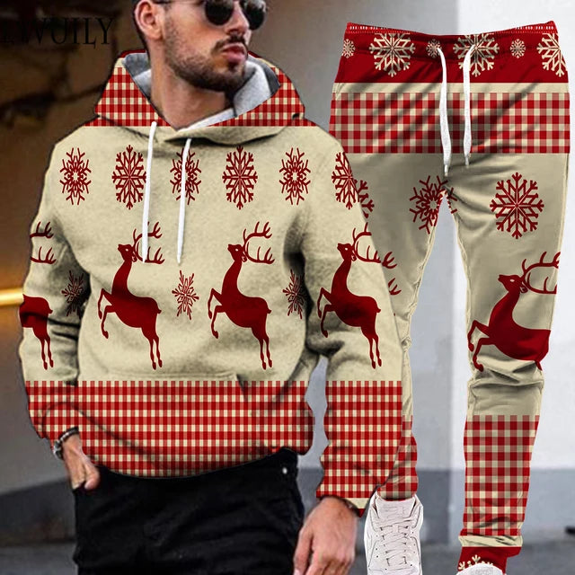 Red Xmas New Year Christmas Hooded For Men Men's Sweatshirt Sweatpants 3D Print Casual Holiday Hip Hop Clothes For Man Clothing