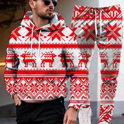 Red Xmas New Year Christmas Hooded For Men Men's Sweatshirt Sweatpants 3D Print Casual Holiday Hip Hop Clothes For Man Clothing