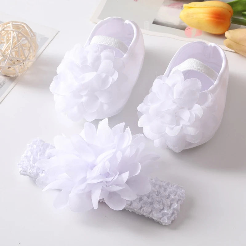 Infant Baby Girl Satin Bowknot Princess Shoes + Headband Set Soft Sole Shoes Lovely Princess Lace Non Slip Walker 0-18M