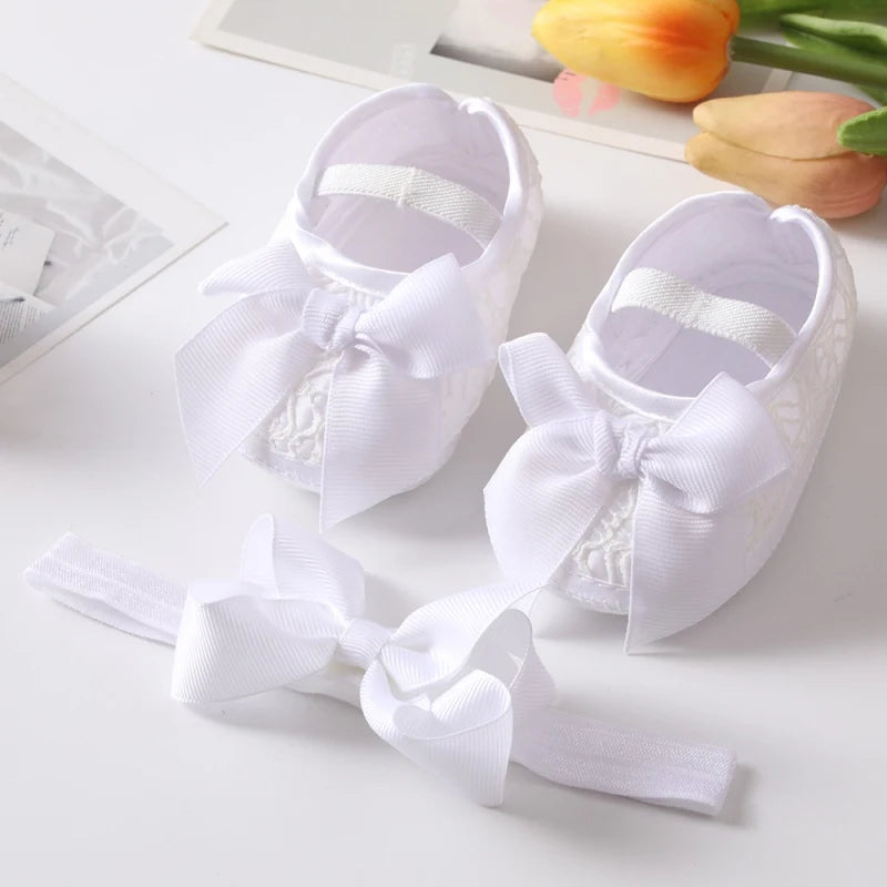 Infant Baby Girl Satin Bowknot Princess Shoes + Headband Set Soft Sole Shoes Lovely Princess Lace Non Slip Walker 0-18M