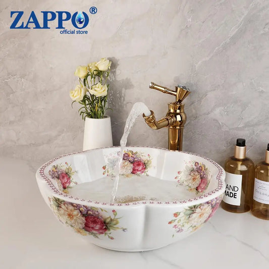 ZAPPO Ceramic Bathroom Vessel Sink Faucet Set Flower Peony Design Porcelain Above Counter Sink for Bar Cloakroom Vanity Bowl