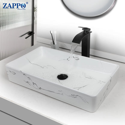 ZAPPO Rectangle Marble Bathroom Vessel Sink Above Counter Bowl Sinks for Bathrooms Porcelain Vessel Sink with Faucet and Drain