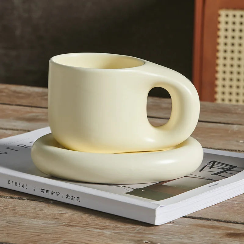 1set 400ml Ceramic Coffee Chubby Mug Saucer Set Creative Cute Fat Handle Cup With Saucer For Office And Home Room Decor