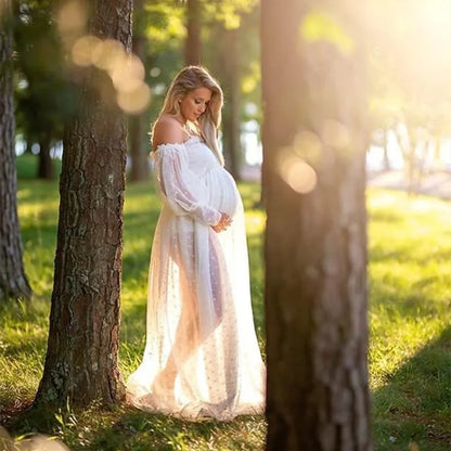 White Dot Tulle Maternity Photography Props Dress See Through Maternity Photo Shoot Tulle Long Dress Lantern Sleeve