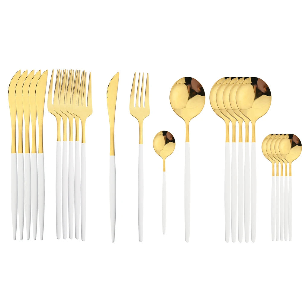 24Pcs Stainless Steel Dinnerware Set Kitchen Green Gold Cutlery Set Knife Fork Spoon Flatware Tableware Western Silverware Set