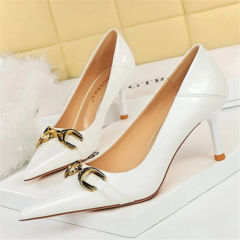 Women 7cm 10cm High Heels Wedding Bridal Replica Pumps Lady Scarpins Metal Chain Buckle Low Heels Stiletto Nude Green Prom Shoes