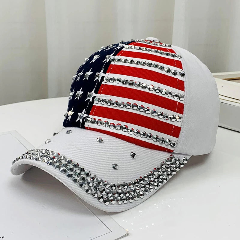 Adjustable Size 4th July Dad Hat USA American Flag Patriotic Baseball Cap Denim Distressed Rhinestone Bling Sparkle Hip Hop Hat