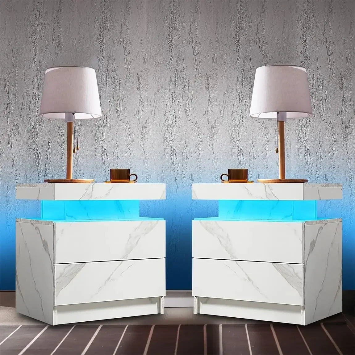 Side Bed Table With LED Light Bedside Tables for the Bedroom Furniture Generic Nightstand Set of 2 LED Nightstand With 2 Drawers