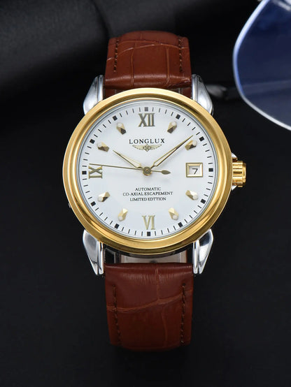 LONGLUX automatic watch business leisure dating mechanical wristwatches waterproof leather date mens watch men gift