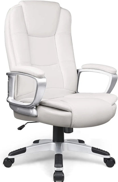 Office Desk Chair, High Back Computer Chair, Ergonomic Adjustable Height PU Leather Chairs with Cushions Armrest (White)