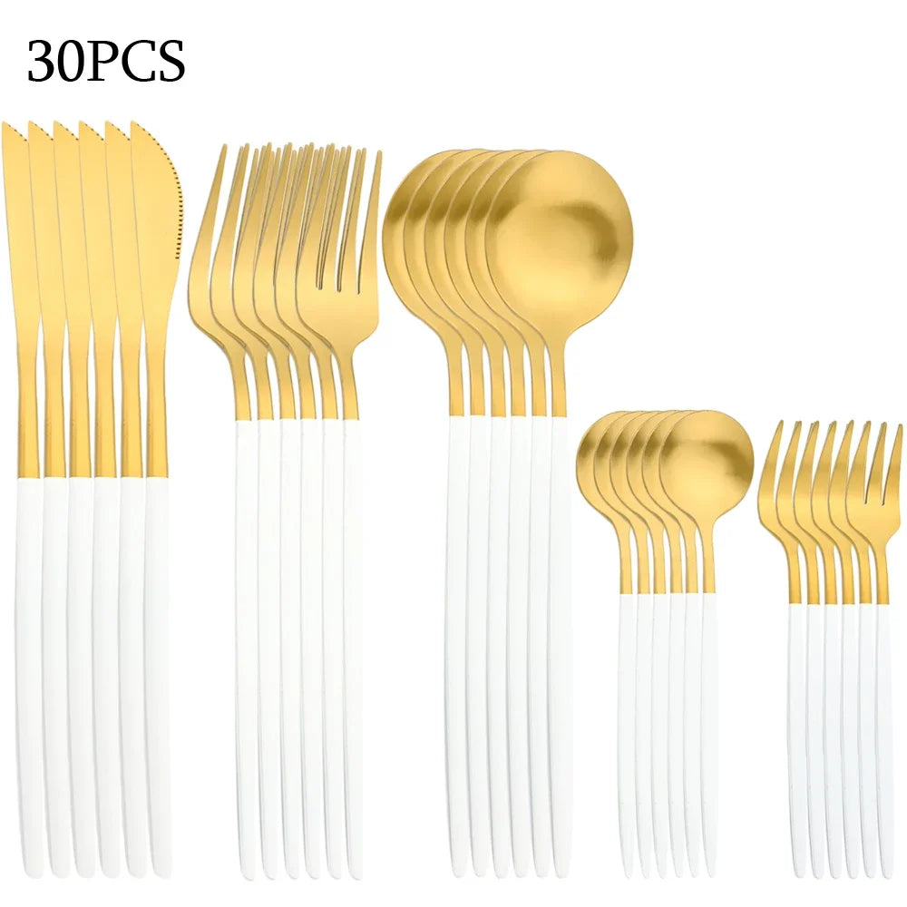 30Pcs Black Gold Dinnerware Set Stainless Steel Dinner Knife Fruit Fork Spoon Cutlery Set Kitchen Tableware Silverware Sets